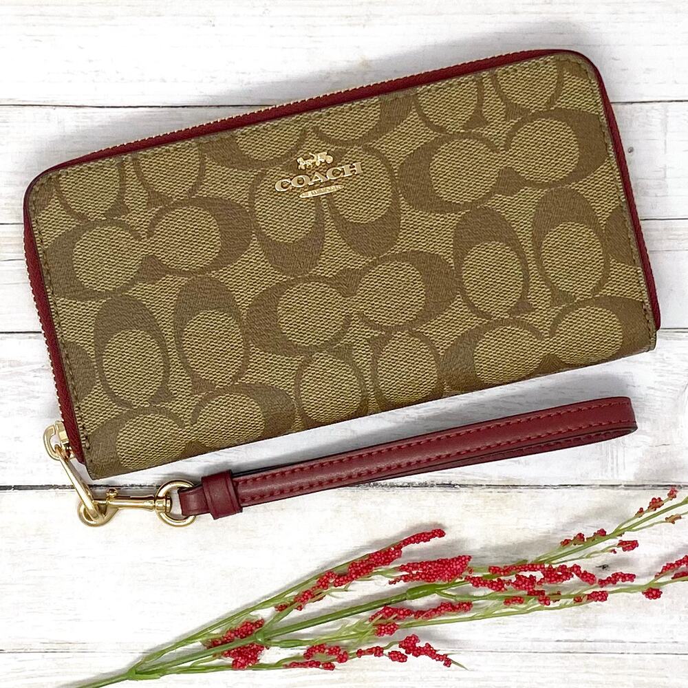 Coach Long Zip Around Wallet in Signature Canvas Khaki Cherry C4452